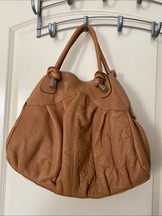 Sundance Handbags - Sundance Caramel Brown Gathered Leather Hobo Bag w Silver Accents